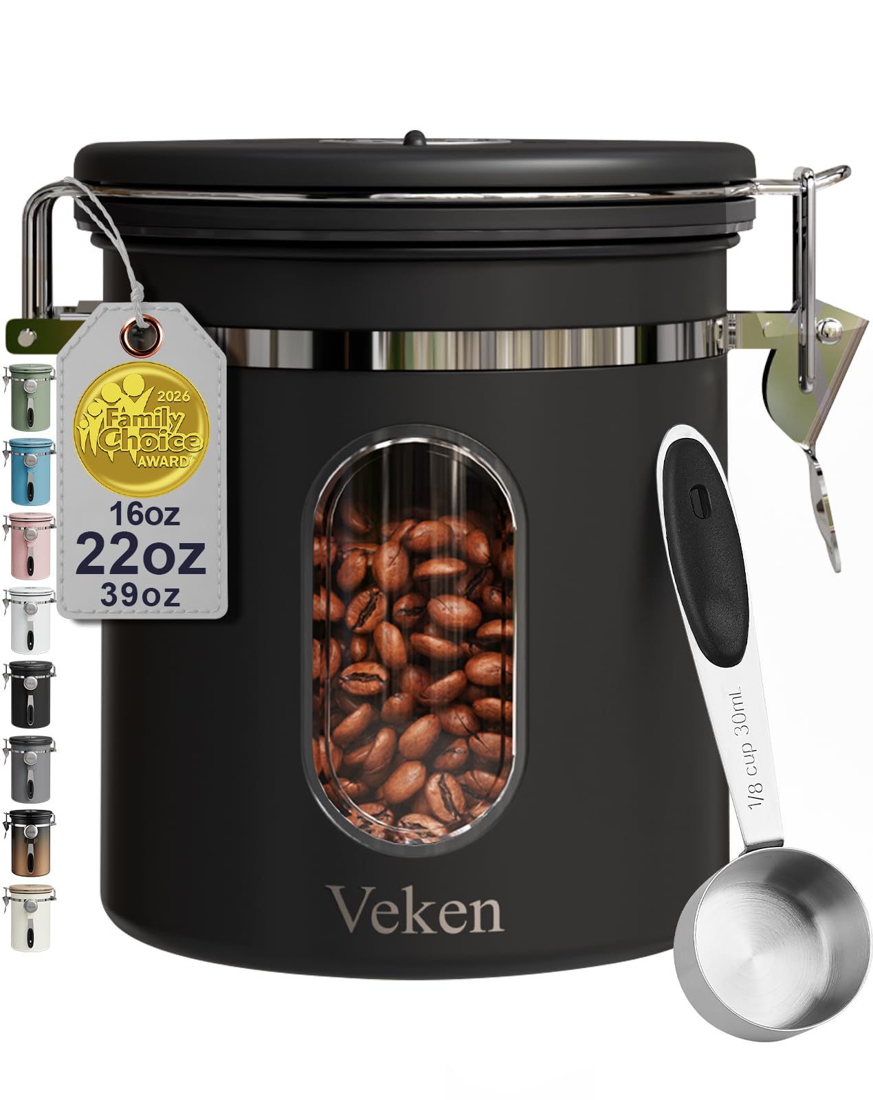 Photo 1 of Veken Coffee Canister with Window, Family Choice Awards Winner, Airtight Stainless Steel Home Kitchen Food Storage Container with Lids for Grounds, Beans, Tea, Flour,Cereal,Sugar Jars,Scoop,16OZ,Black