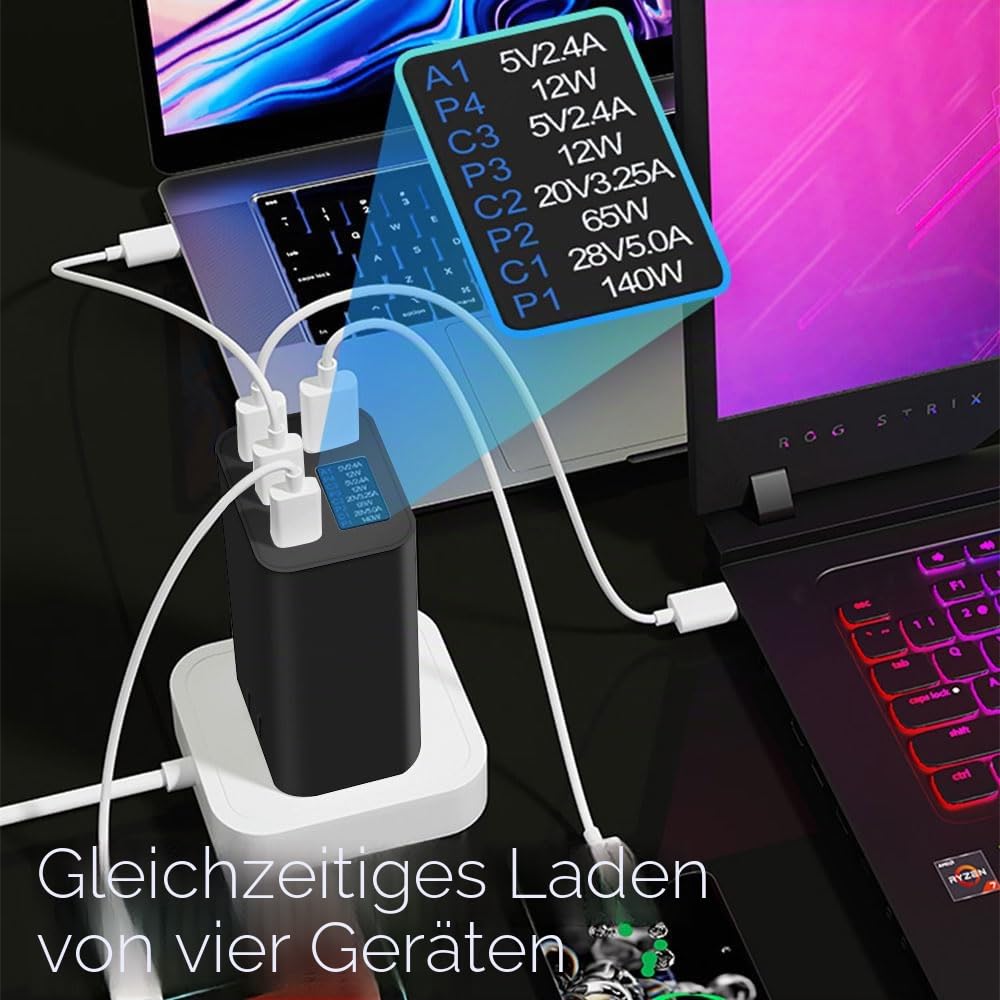 Gan Ladegerät 280 W mit OLED-Display, 4-Port GaN Typ-C Adapter mit 3 USB C+1USB-A,PD 140 W Schnellladegerät,Universal-Ladegerät für Europa,USA,Australien und Großbritannien（schwarz）