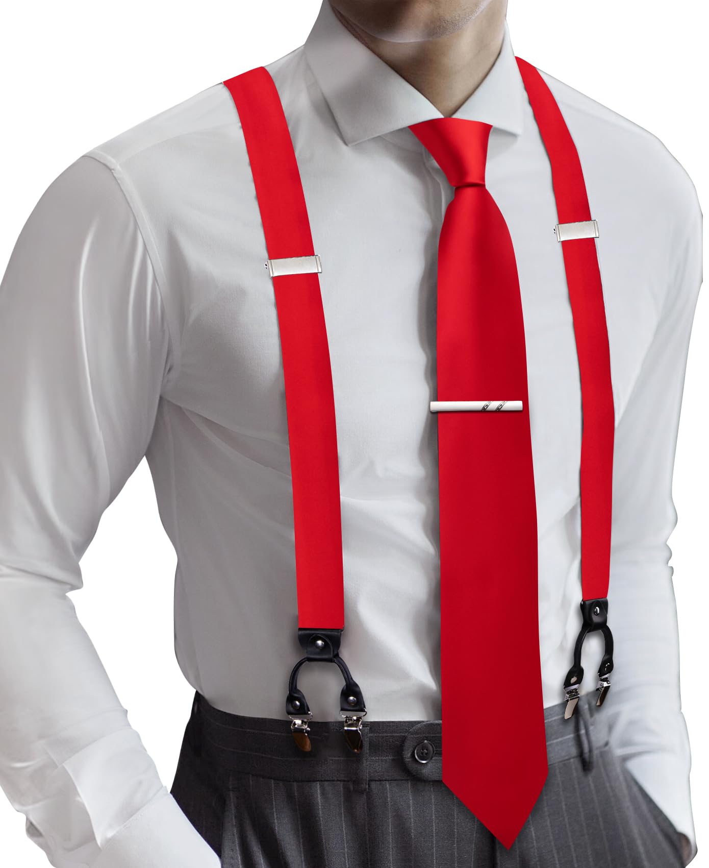 Barry.Wang Men Suspender Tie Sets Elastic Heavy 6 Clips Hanky Cufflink 5PCS | Classic Suspender Set for Man Necktie Y Type Adjustable Heavy Duty 6 Clips Braces Pocket Square Cufflinks Party
