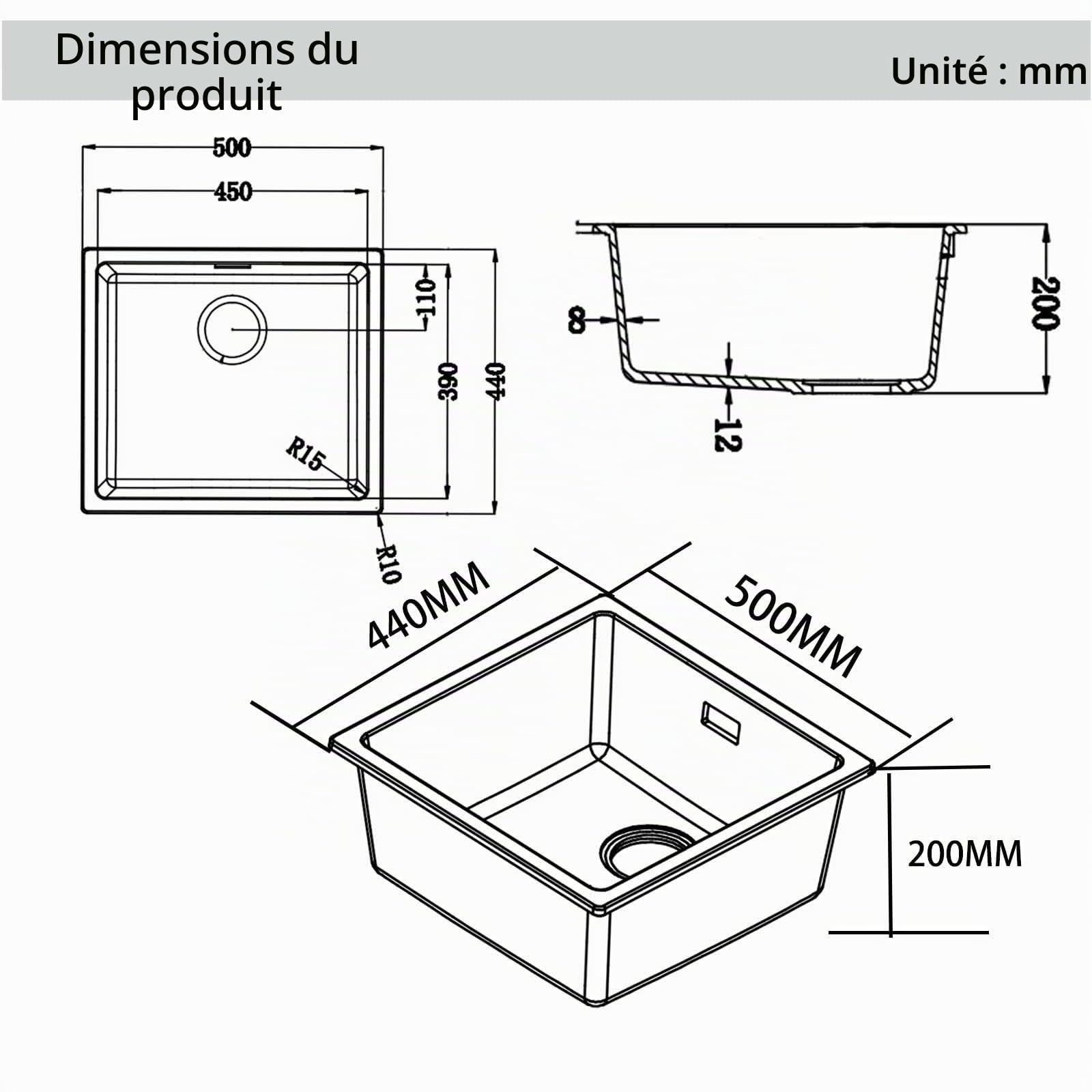 Évier Cuisine en Quartz Noir, 50 X 45 cm Évier de Cuisine 1 Bac | Évier Encastrable Compatible Montage sur Plan et Sous Plan, Accessoires Inclus, Adapté pour le Camping et Camping-Car