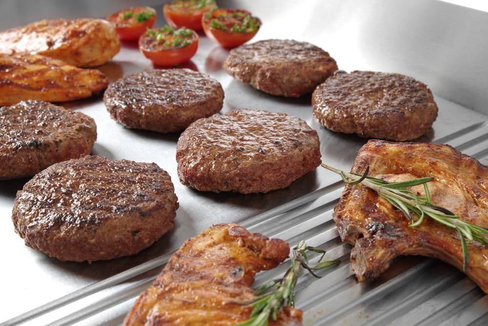 HENDI Plancha de asar eléctrica mixta 2/3 lisa y 1/3 acanalada, grill parrilla con bandeja de goteo extraíble, temperatura regulable hasta 300°C, 230V, 3500W, 720x530x(H)250mm, acero inoxidable