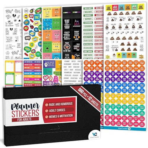 Vladi Creative Rude and Humorous Planner Stickers for Adults – 660pcs / 12 Sheets – Adult Curse Sticker Pack, Meme & Unplanner Stickers – Matte Reusable Planner Decals – Humor Journal Accessories