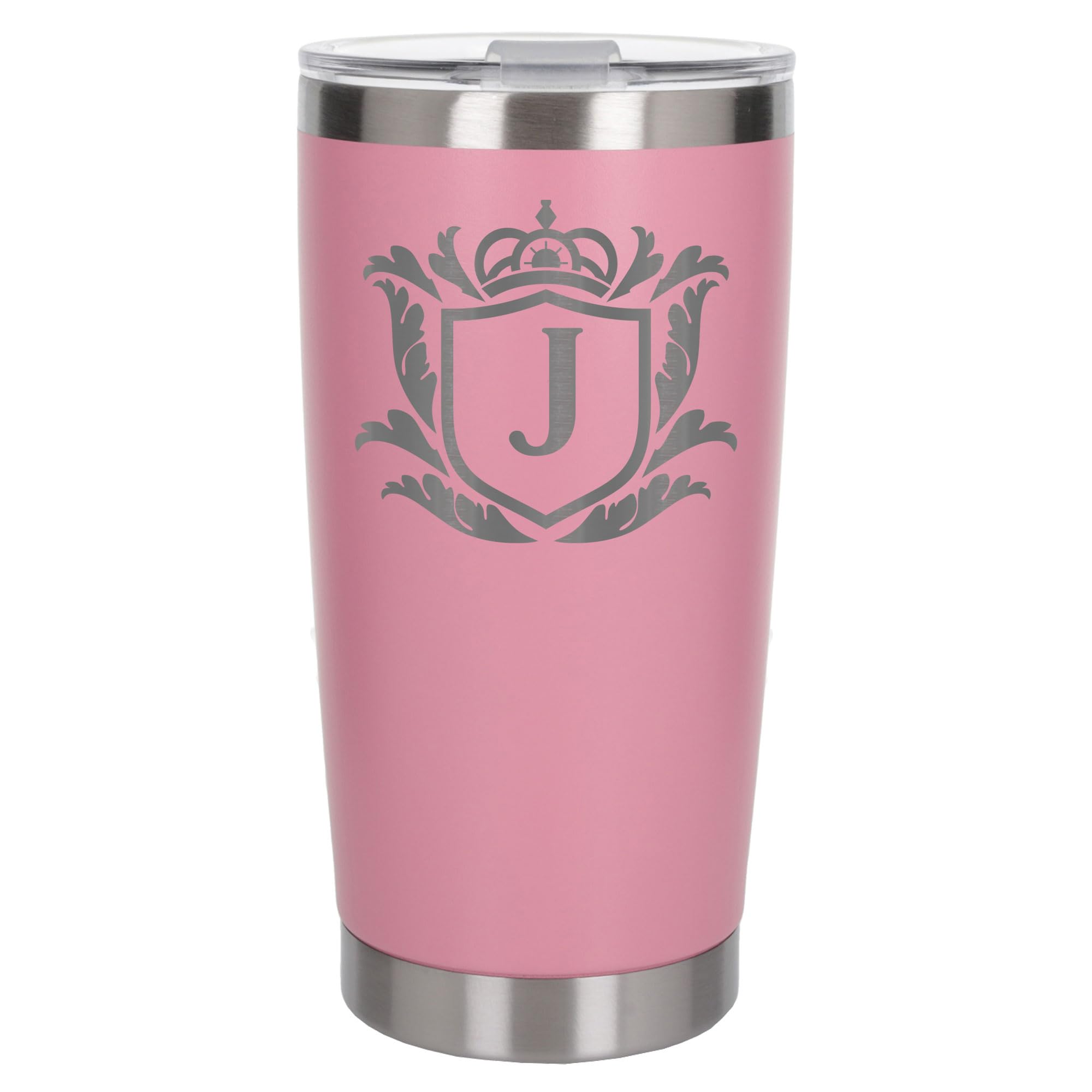 Customised Gifts 500ml Engraved Shield Initial Monogram Insulated Personalised Light Pink Travel Mug for Men and Women - Personalised Initial Coffee Travel Mug for Hot and Cold Beverages, Letter J