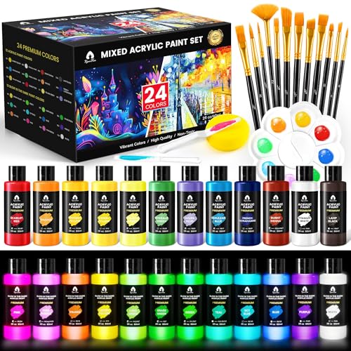40 PCS Classic & Glow in the Dark Acrylic Paint Set with 12 Brushes, 2 Knives and Palette, 24 Colors (2oz/60ml) Art Craft Paints Gifts for Adults Kids Artists Beginners, Painting Kit Art Supplies