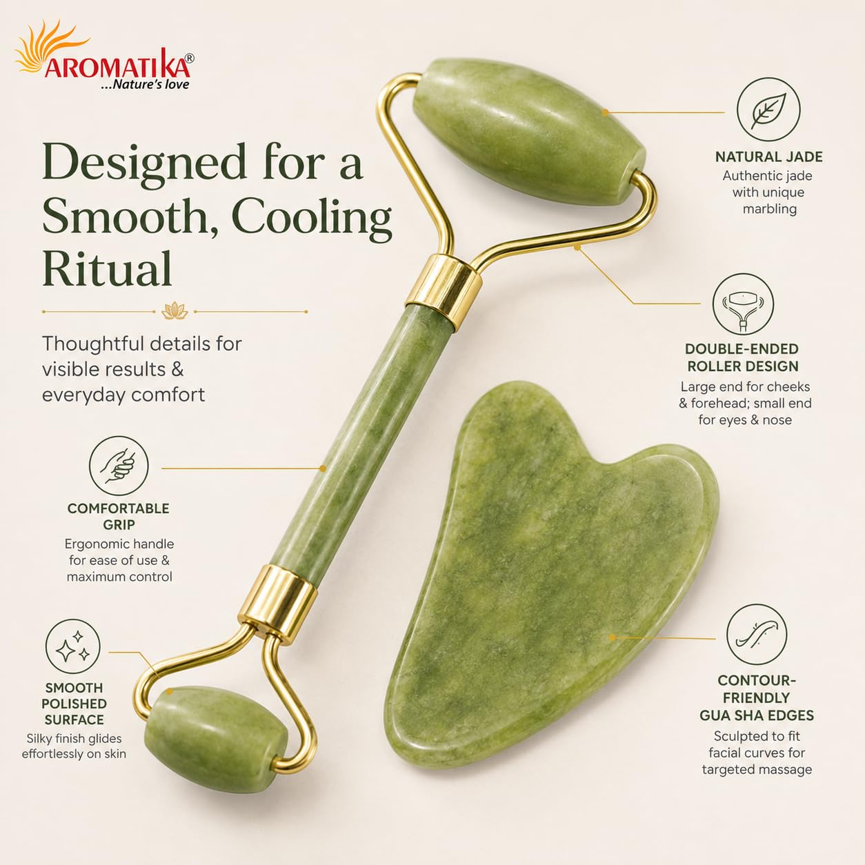Aromatika Jade Roller & Gua Sha Set – Natural Himalayan Green Jade Facial Massage Tools for Face, Neck & Eyes – Cooling Skin Care, Reduce Puffiness & Support Relaxation 3