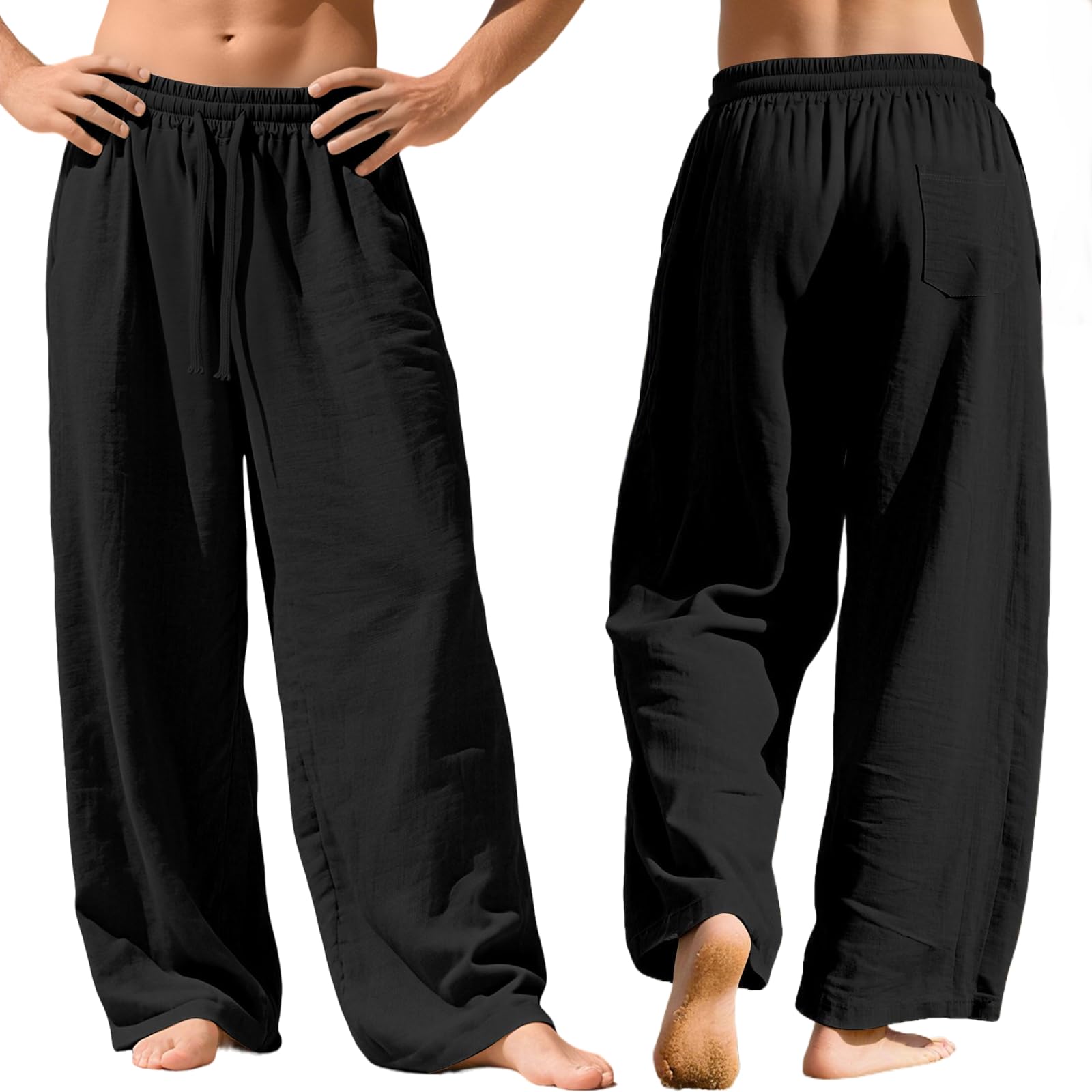 Nuofengkudu Hombre Algodon Lino Pantalones Ancho Verano Holgados Ligero 3 Bolsillos Cordón Cintura Elastica Yoga Pantalon Casual Playa Relajados Vacaciones