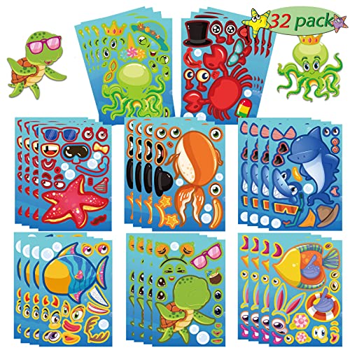 32 Sheets Reusable Make-A-Sea Face Stickers Ocean Animals Diy Art Craft Rewards For School Kid Teacher Summer Mermaid Party Favor Sticker For Birthday Gift Children Room Ocean Decorated #TOP4