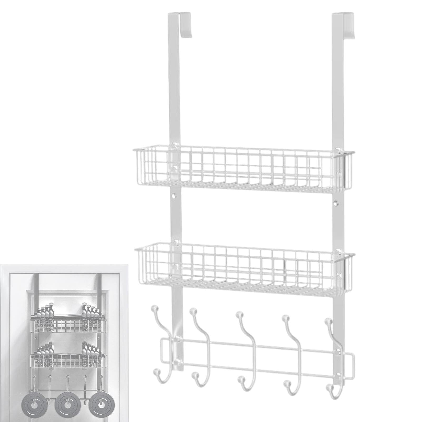 Ganci Sopra Porta Con 5 Ganci E Cestini In Rete – Organizer Porta Rosa, Antiruggine, Capacità 22 Kg (Set 2 Staffe + Cestino)