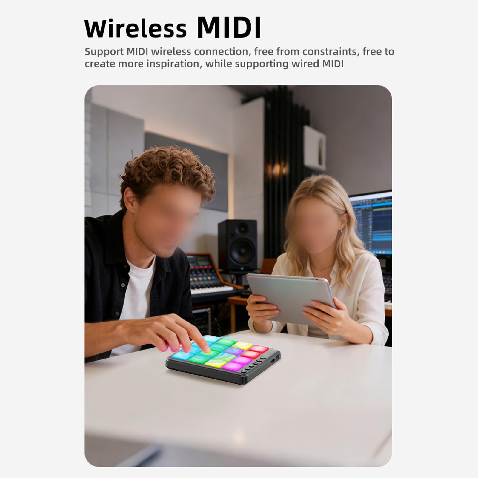 Btuty Dynamischer RGB-Pad-BT-MIDI-Controller mit 16 Tasten, Wiederaufladbar, Tragbar, Musikproduktion, Performance-Szene (Schwarz)