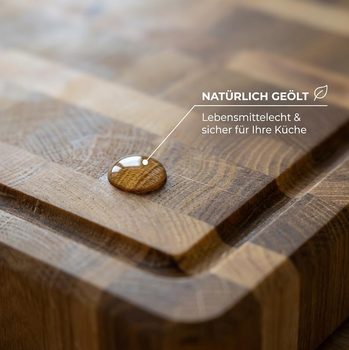Massives Stirnholz Schneidebrett aus Eiche 44x29x4 cm – Extra Dickes Hackbrett mit Saftrille, Profi Küchenbrett für Fleisch, Holz Schneidebrett