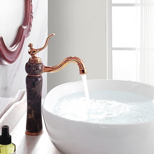 Miniatura 8 de Grifo de baño de oro rosa de mármol de café alto de lujo latón con recipiente de piedra emperador natural de una sola manija grifos de lavabo de un