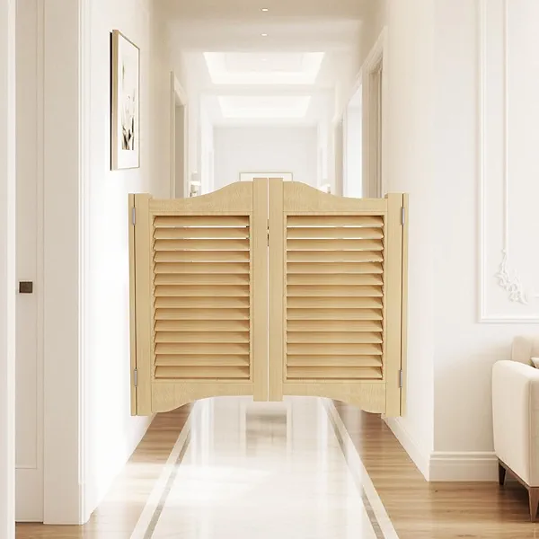 Louvered Cafe Swinging Door, Solid Wood Saloon Doors with Hinges Hardware, Entrance Partition for Hallway Kitchen Doorway Bar Porch, Premade Varnish Cellars Door, Auto Close (Burlywood, 35.4x35.4in)