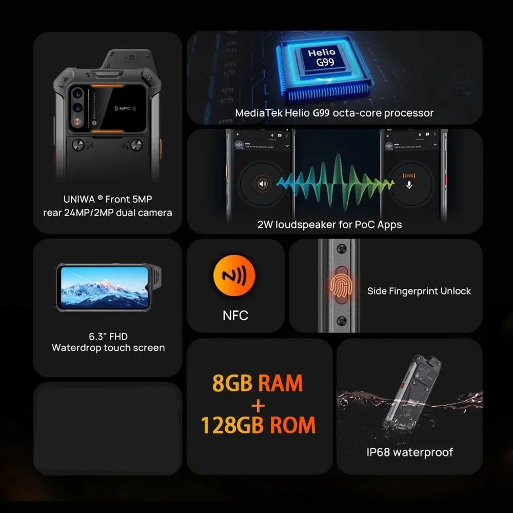 Smartphone Robusto UNIWA W999, Certificato IP68, Processore Octa-Core 8GB di RAM e 128GB ROM, Batteria 4400mAh con protezioni integrate, 4G, Wi-Fi, Bluetooth, Lettore Impronte Digitali Android 13