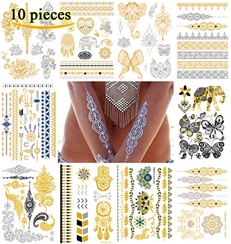Le Fu Li (10 Sheets) Temporary, Metallic, Henna Body Tattoos, Gold & Silver Flash Tattoo Sheets, Over 100 Unique Designs