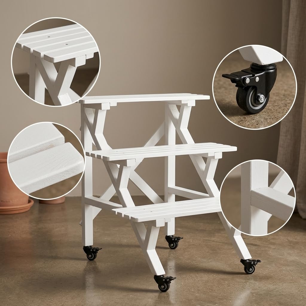 Fioriera Legno 3 Livelli, Stile , Con ruote/3L60 bianco 60x60x66cm