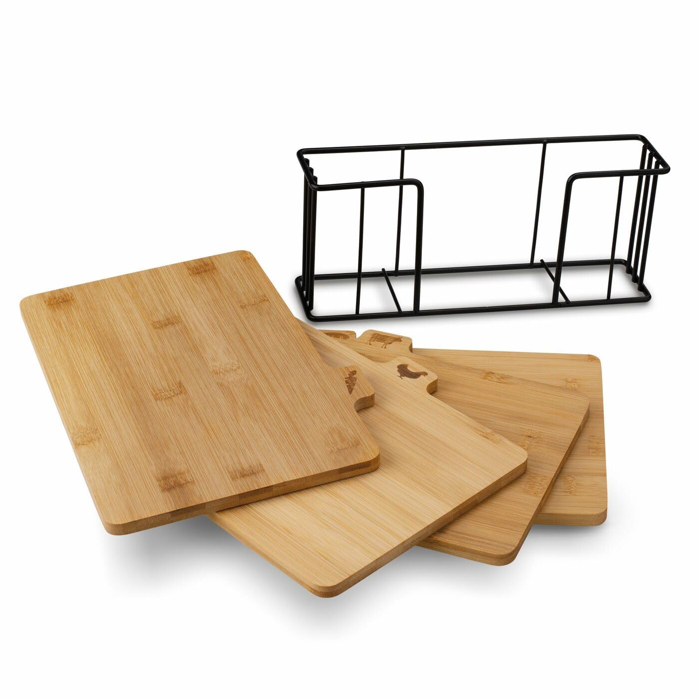 Juego de 4 tablas de cortar con soporte de cedro, un juego de tablas de cocina de bambú en un soporte de metal negro, tabla de cortar