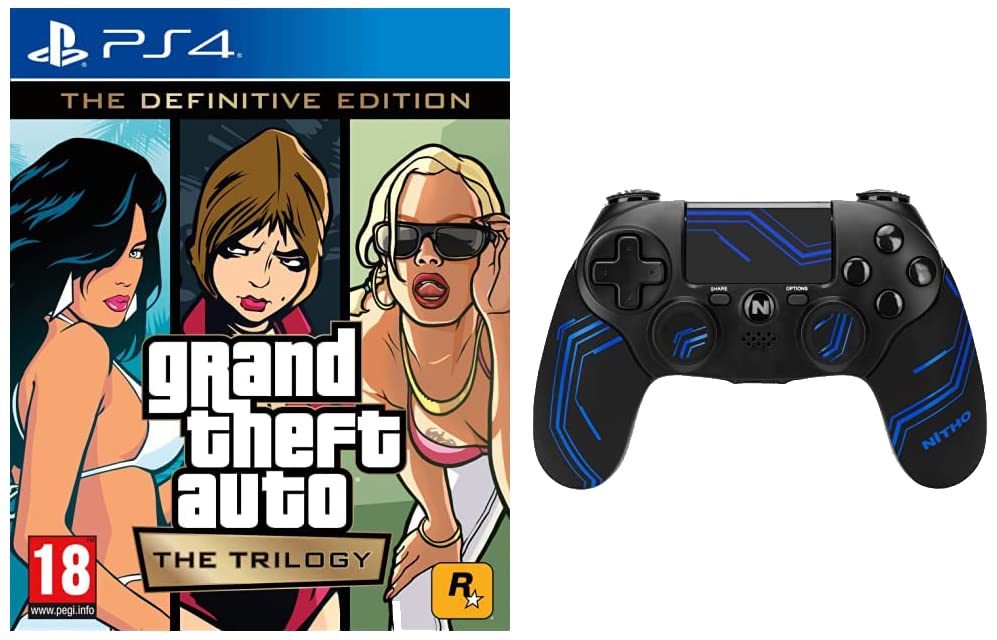 Grand Theft Auto: The Trilogy - The Definitive Edition (PS4)+Nitho ADONIS - Controller Compatible with PS4, Wireless Gamepad with Joystick/Rumble & Motion Control/Headphone Jack Compatible