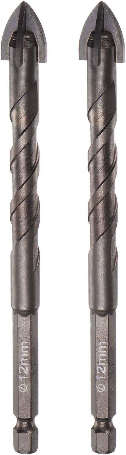 2pcs Titanium Coated Masonry Drill Bit, 12mm Concrete Drill Bits Ceramic Tile Drill Bit with 1/4" Hex Shank for Ceramic Tile Marble Mirror Glass Concrete Brick Plastic Wood