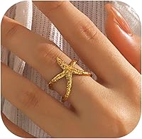 Nojess Starfish Statement Ring for Women - Adjustable Stainless Steel Seashell Beach Ocean Jewelry, Gold Silver Summer Gift