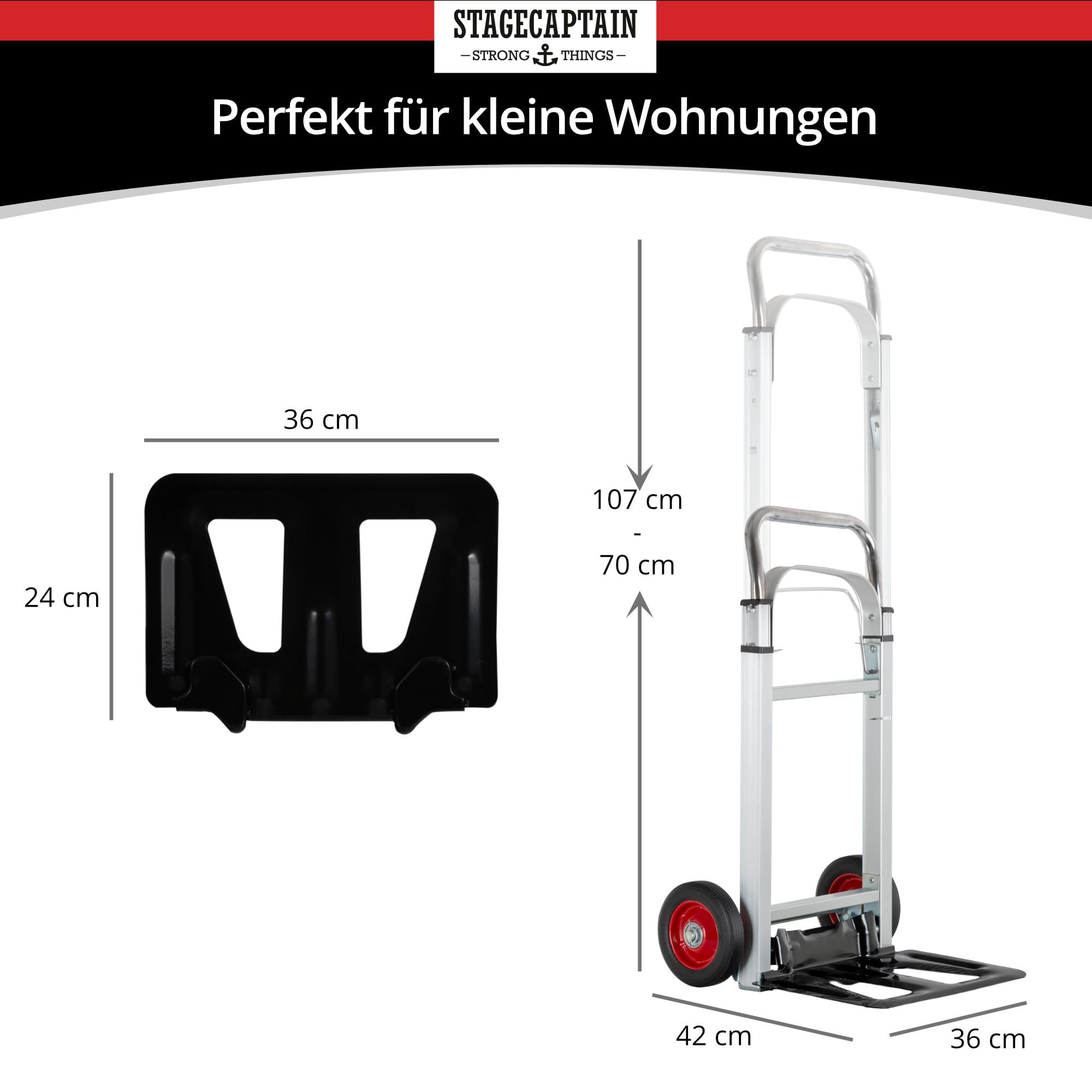 Stagecaptain CBF-100 carrello pieghevole in alluminio, leggero, carico 100kg, pala in acciaio, ruote in gomma. Ideale per traslochi, giardino, magazzino, officina, palco. Argento.
