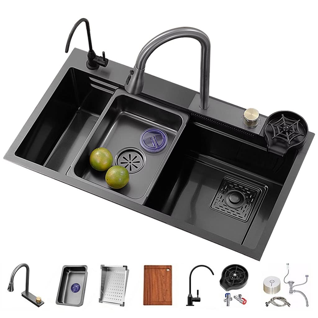 ZQFHSX Versatile Stainless Steel Single-Bowl Kitchen Workstation Sink Multi-functional Farmhouse With Waterfall Pull-Down Faucet And Complete Accessory Set (Color : Black, Size 75x45x22cm)