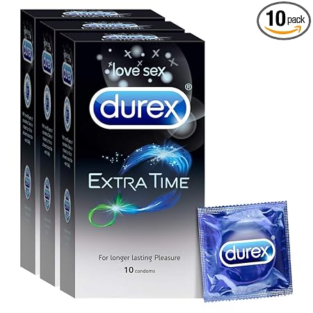 Durex Extra Time Condoms for Men - 10 Count (Pack of 3) | Performa Lubricant for Long Lasting Climax Delay | Suitable for use with lubes & toys