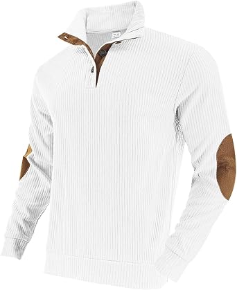 Mens Casual Striped Corduroy Sweatshirt Long Sleeve Classic Stand Collar Quarter Button Pullover Sweatshirts