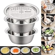 Kitchen Multipurpose Grater Bowl with Drain Colander Grater Mesh Basket 3 in 1 Stainless Steel Basin Vegetable and Fruit Washing Bowl Strainer Cutter Salad Maker Set