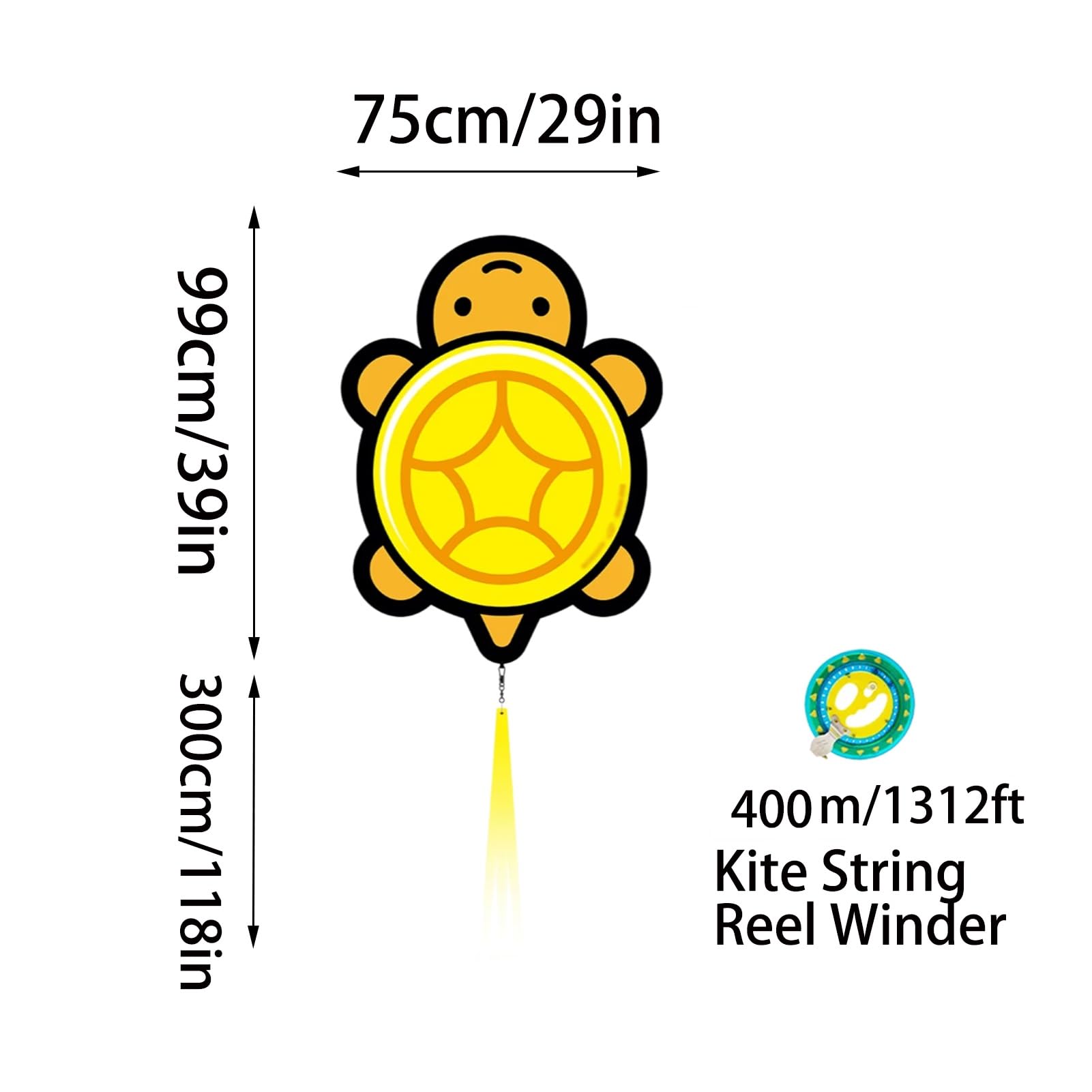 Linda Cometa de Tortuga con Tela de poliéster 210T, Cola Larga y Carrete de línea de 300/400 pies, fácil de Volar para Playa y Parque al Aire Libre(Gold,String1312ft)