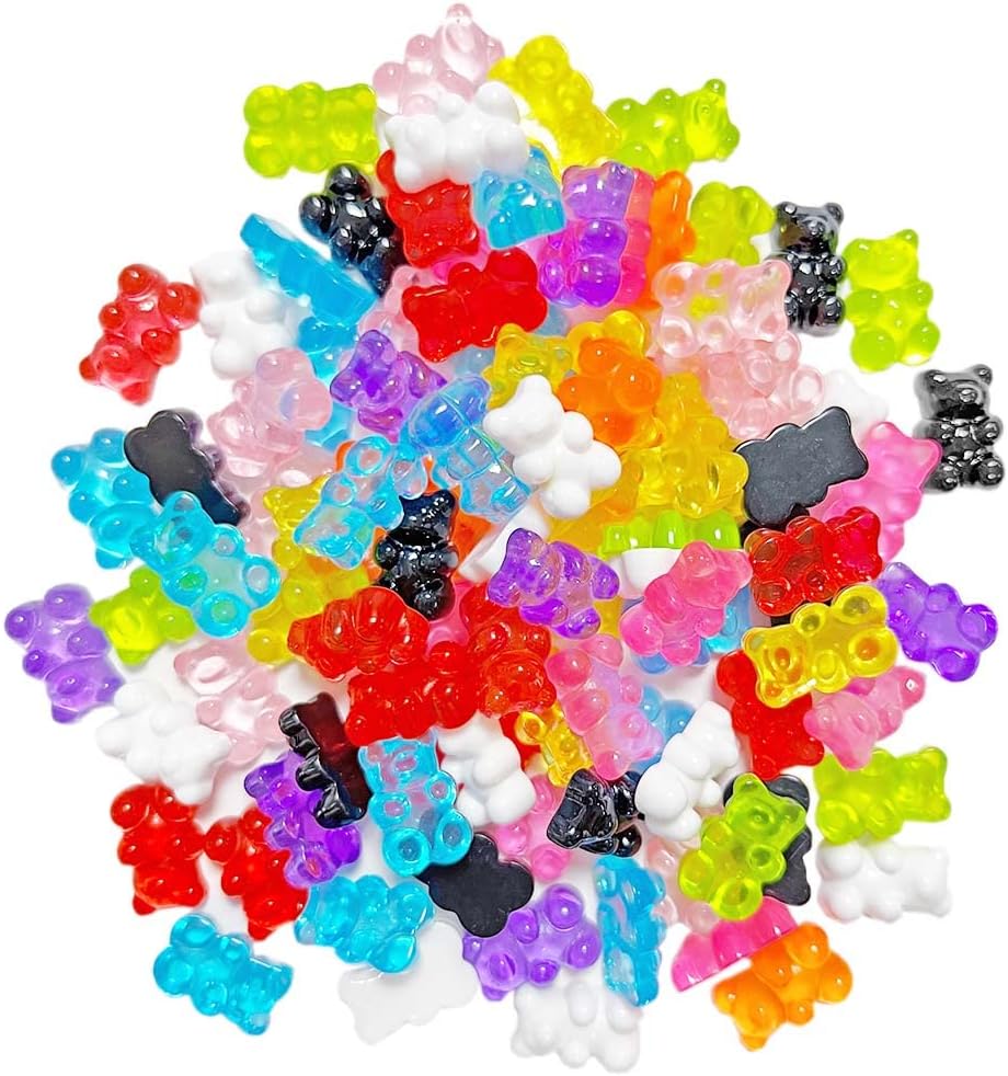 Borsgye Pack of 100 Resin Candy Gummy Bear Charms Beads Pendants Embellishments Flatbacks Cabochons Deco Bears for DIY Necklace Keychain Brooch Earring