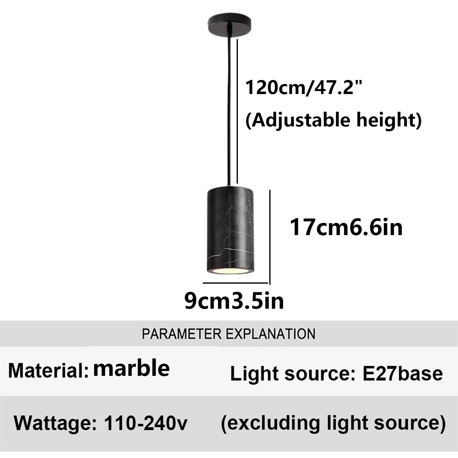 Luksusowa Lampa Wisząca Z Marmuru, Cylindryczna, Lekka, Wisząca | Unikalna Tekstura Naturalnego Kamienia, Abażur E27, Pojedyncza Głowica, Styl Hiszpański Industrialny, Salonu Sypialni