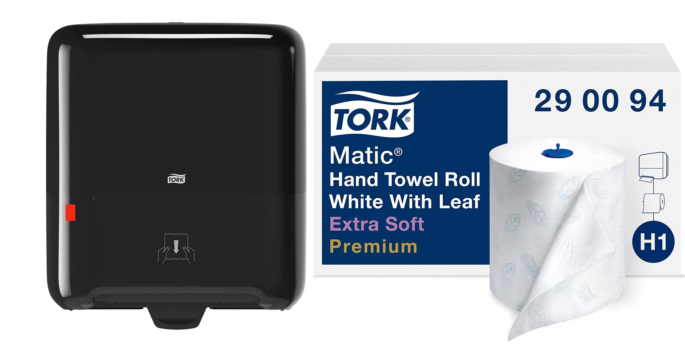 Tork Matic Hand Towel Roll Dispenser 5510282 - H1, Black + Tork Matic Extra Soft Paper Hand Towel Roll White with Blue Leaf H1, Premium, High Absorbency, 6 Rolls x 300 ft, 290094