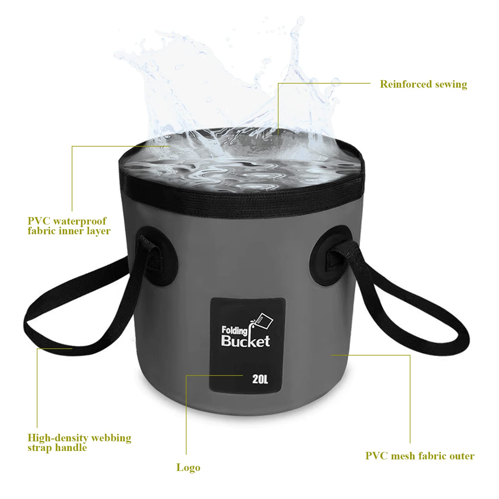 Składane wiadro na kemping, składane wiadro, do wędkowania, na kemping, do prac ogrodowych, 20 l (szare)