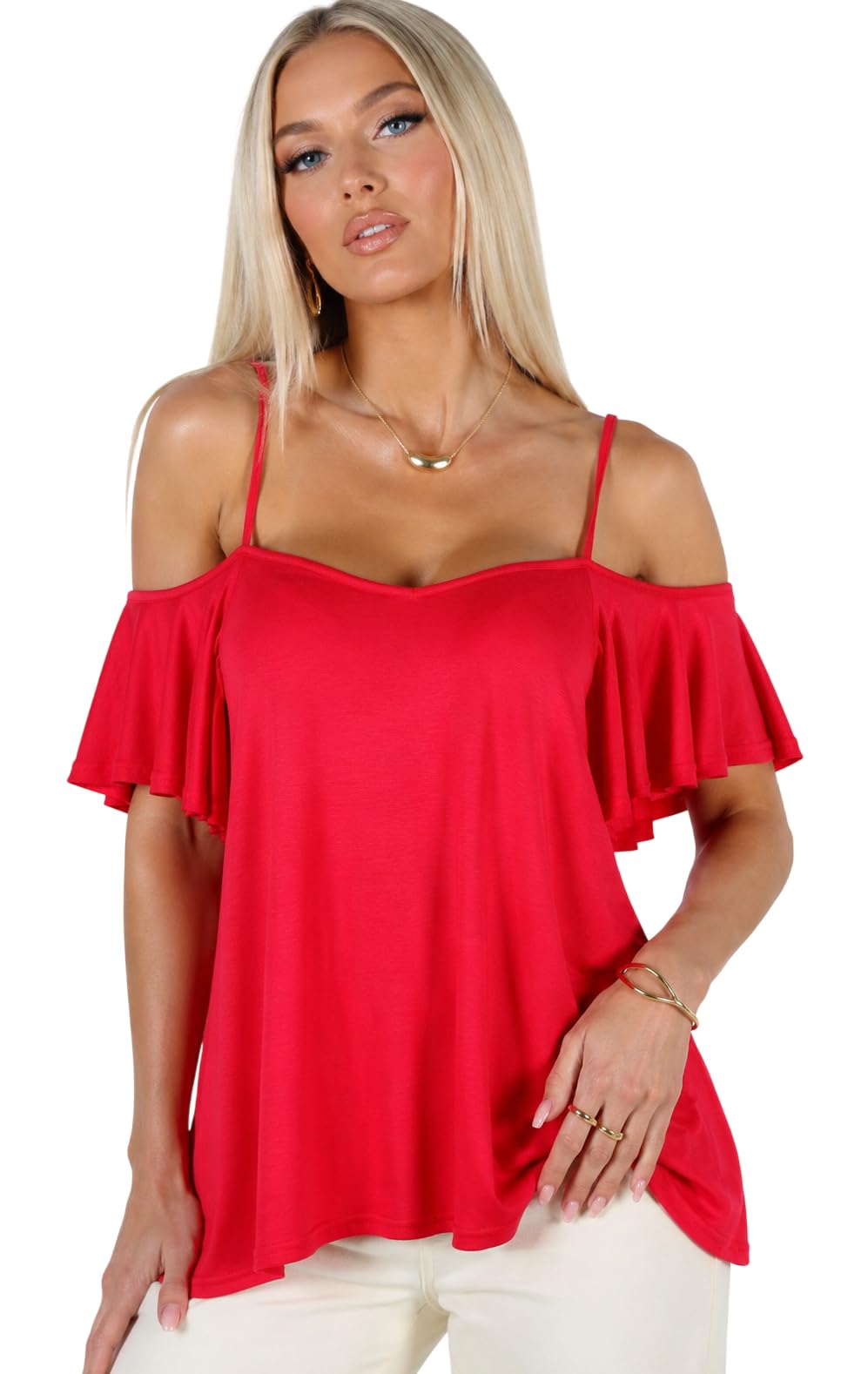 Eye Catch Women’s Cold Shoulder Swing Top UK 8-24 Plus Size | Floaty Frill Sleeve Tunic Blouse | Summer Holiday Evening Top Red