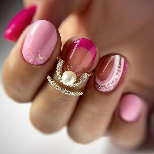 Uñas postizas a presión de color rosa degradado, uñas postizas cuadradas medianas, uñas artificiales brillantes, reutilizables, uñas adhesivas para disponible en Yaxa Guatemala