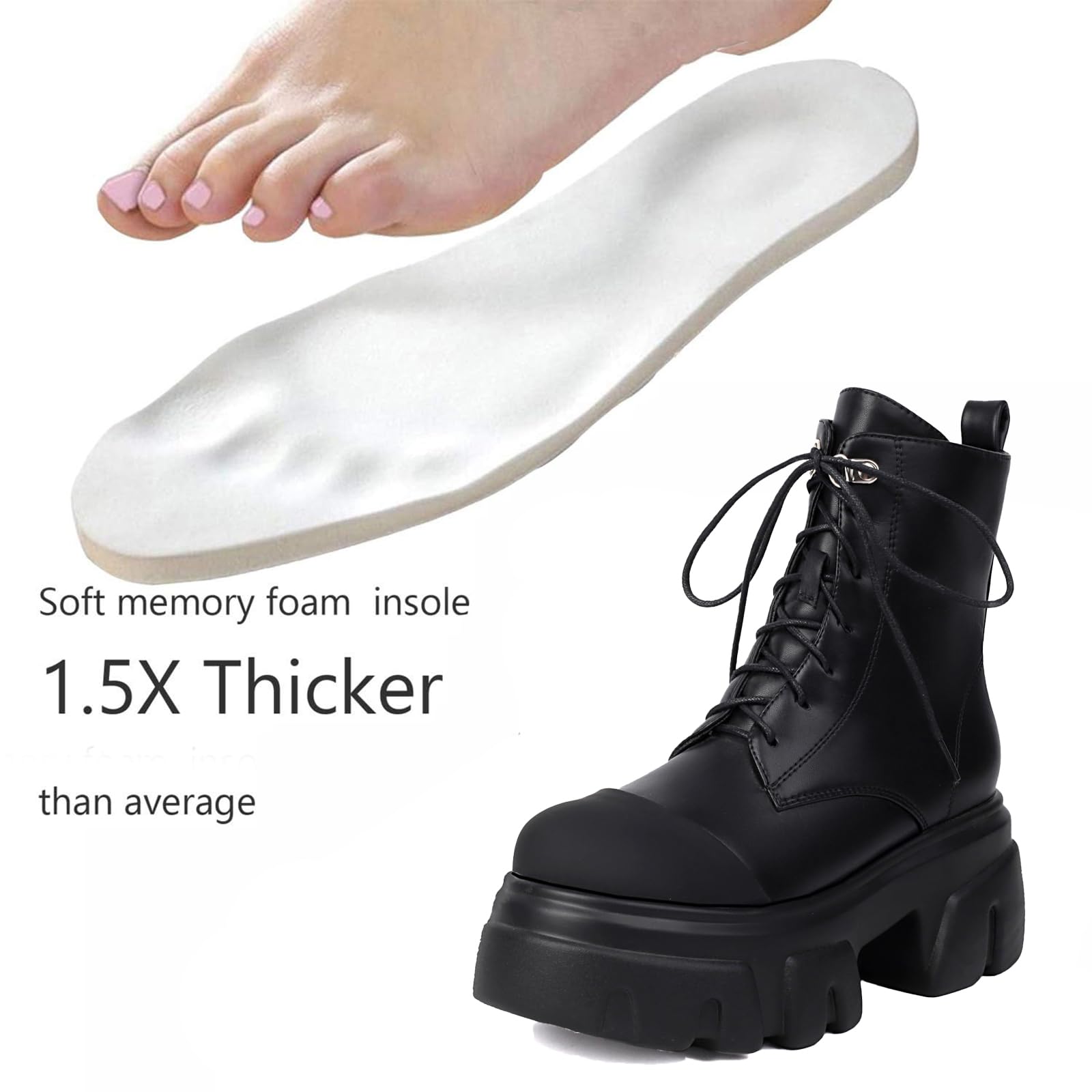 KSEDT Women's Leather Black Platform Dressy Combat Boots Lightweight Gothic Round Toe Zipper Block Chunky Heel Lug Sole Lace Up Goth Ankle Boots