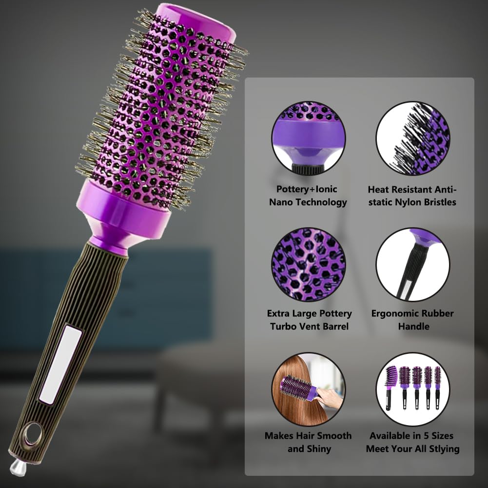 Aozzy 5pcs Blow-Drying Round Hair Brush Set - Ceramic, Boar Bristle Brush for Women - Thermal Barrel Brush Set, Styling & Roller Brush for Shiny, Smooth and Bouncy Hair
