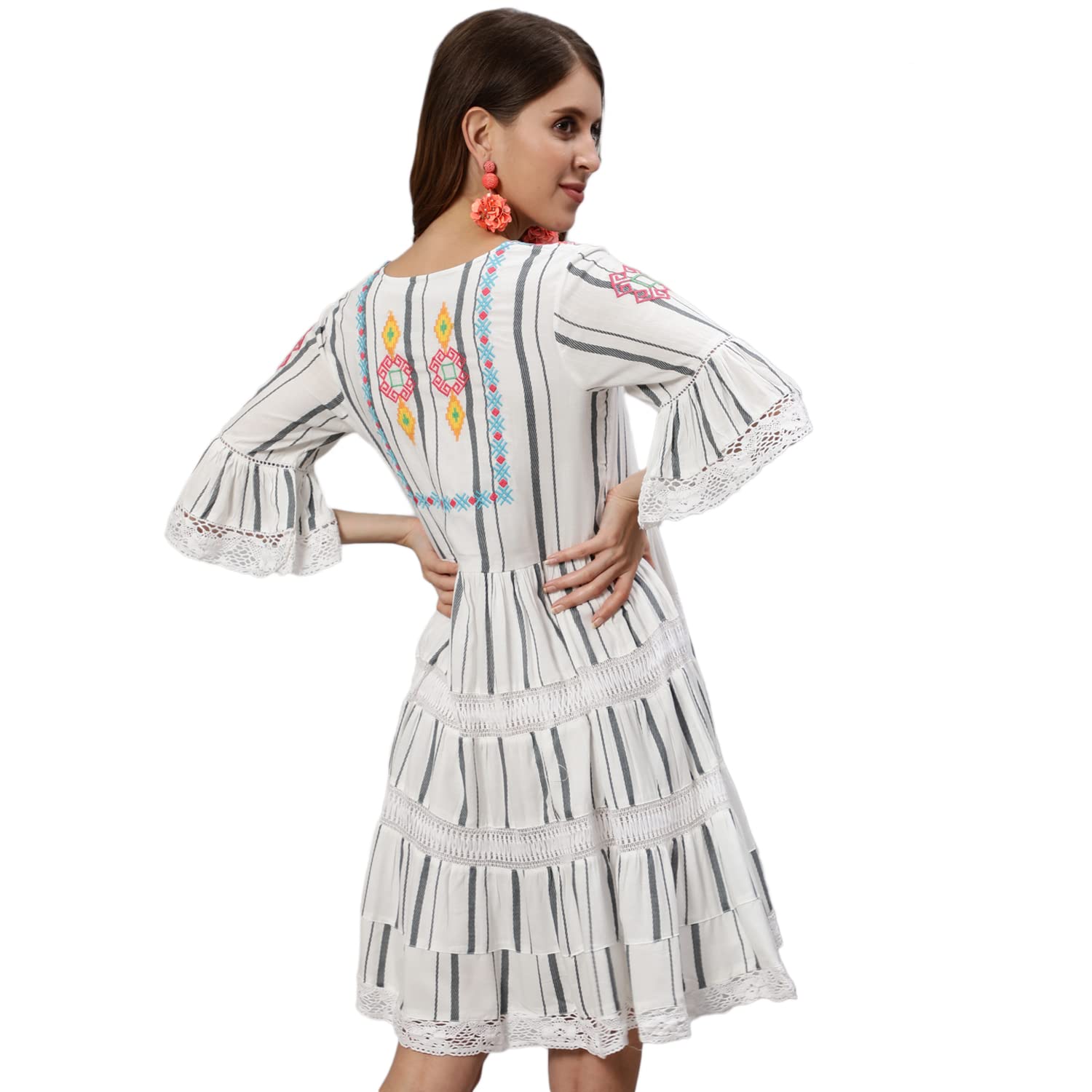 Ishin Women's Rayon White Embroidered A-Line Dress
