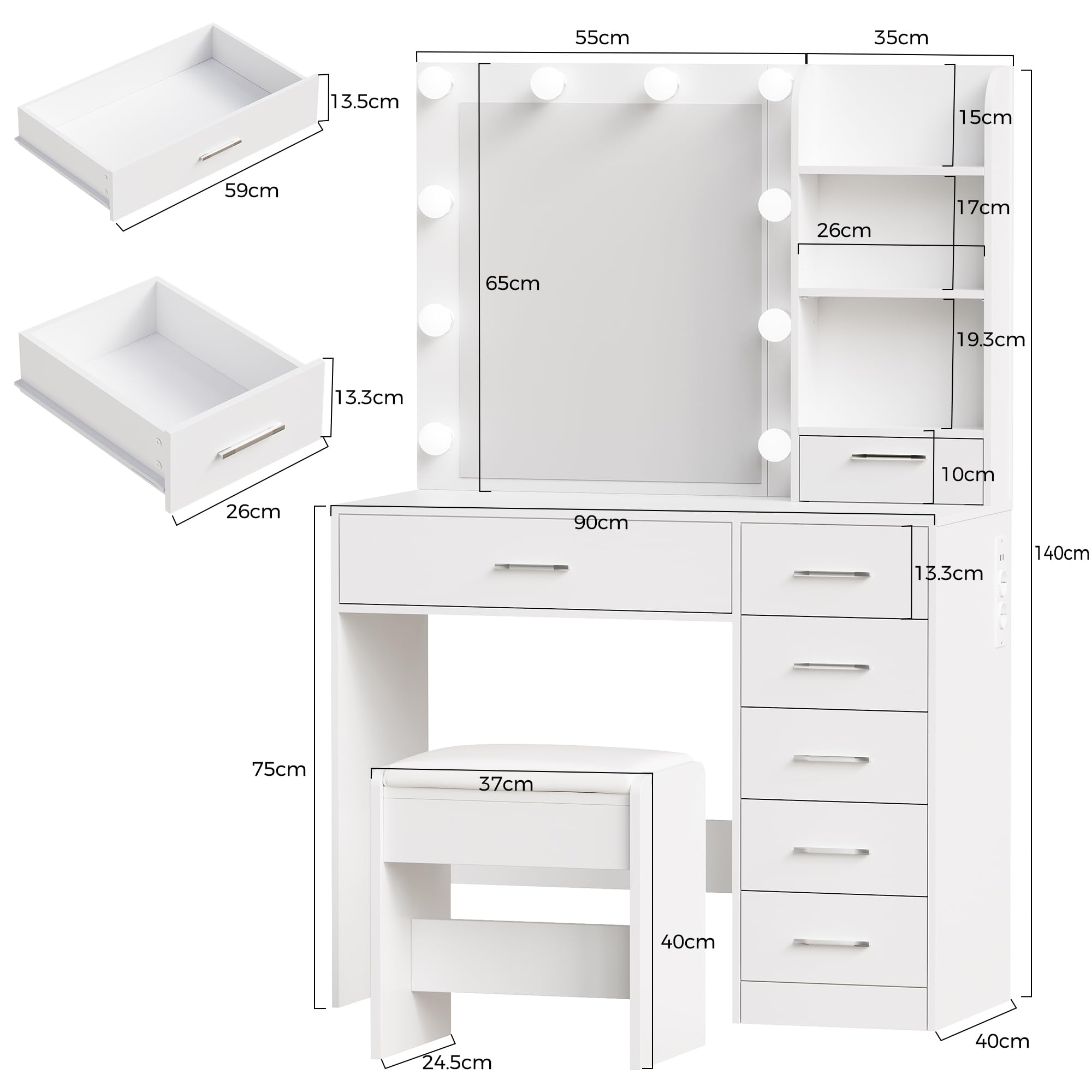 BEWISHOME Toeletta Trucco con Specchio e luci LED,luminosità Regolabile,Tavolo da Trucco con Presa,Sgabello,7 Cassetti e 3 Ripiani Aperti,Moderno Bianco Postazione Trucco per Camera da Letto EFST51W