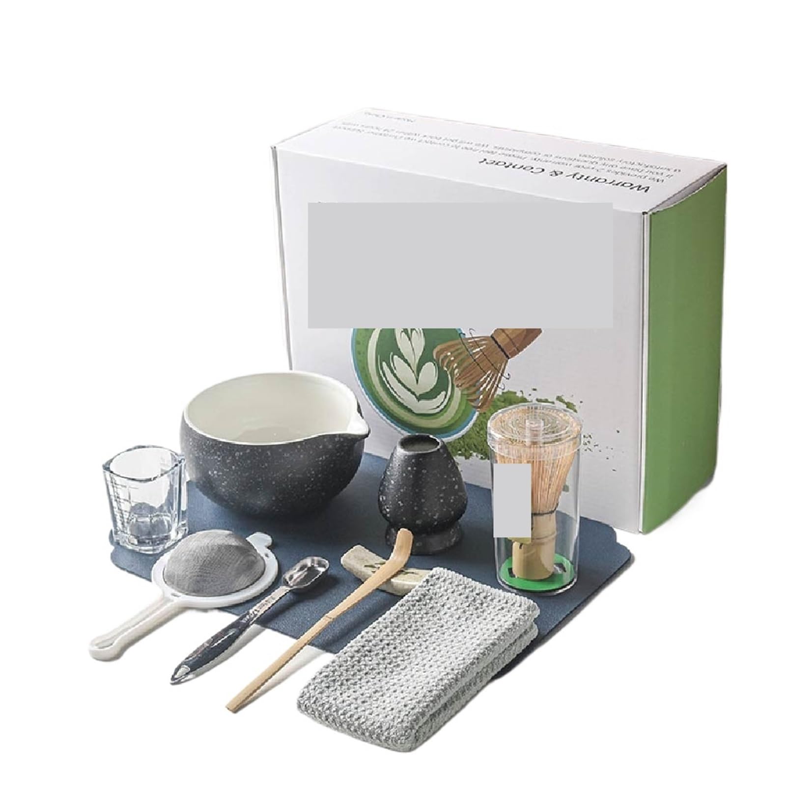 Juego de licuadora de té matcha de 9 o 10 piezas con cuenco de cerámica, batidor, cuchara, soporte, colador y horno de ceremonia. para preparar matcha(Black 10pcs)