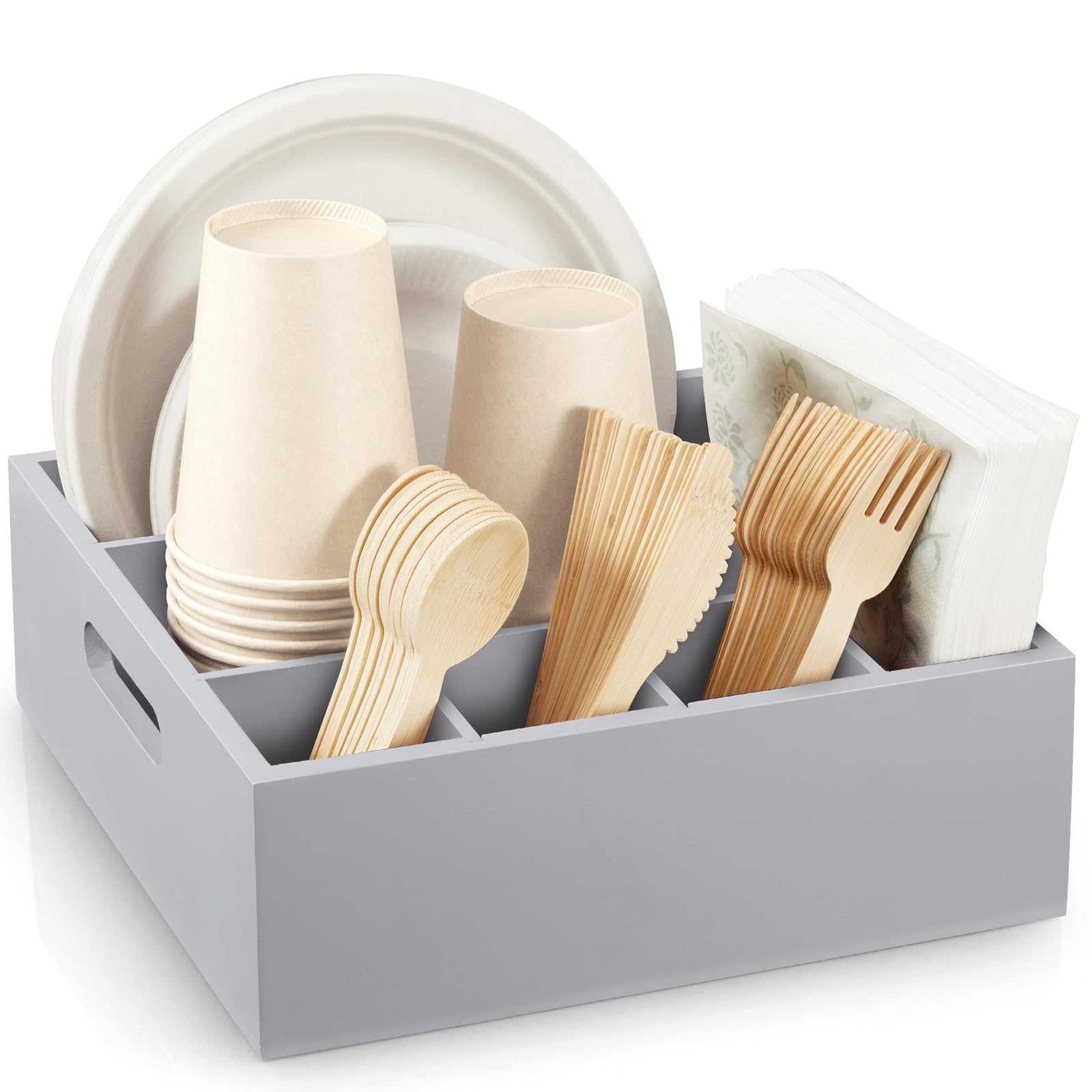 Soporte para utensilios de madera gris para fiestas, organizador de platos de papel para encimera, organizador de cubiertos con 6 compartimentos para platos, tazas, tenedores, cucharas
