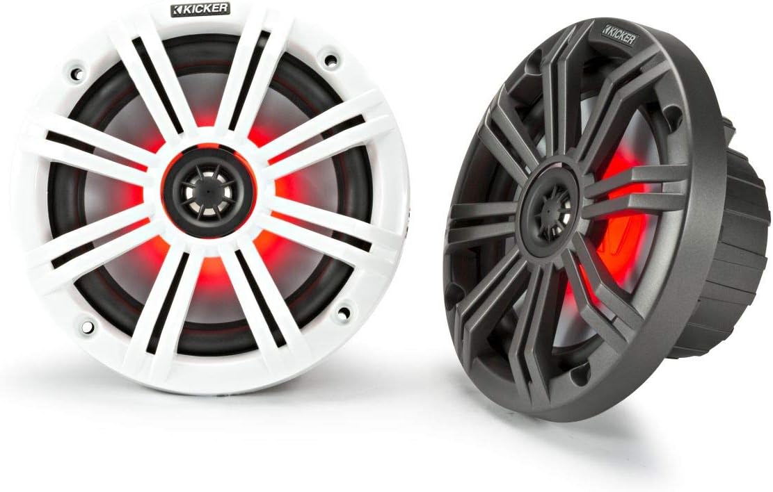KICKER KM65 6.5-Inch (165mm) Marine Coaxial Speakers with 3/4-Inch Tweeters, LED, 4-Ohm, Charcoal and White Grilles