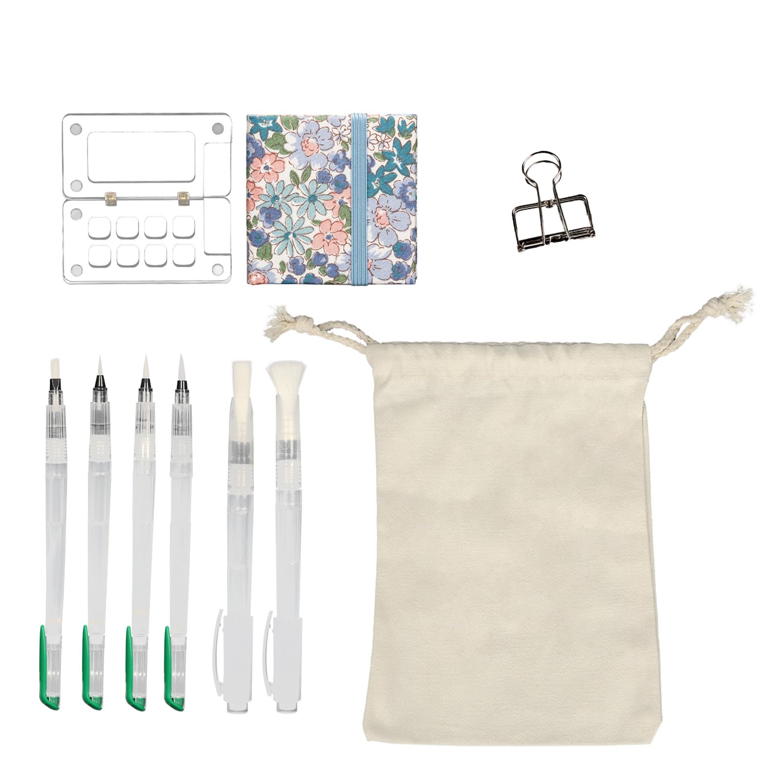 BigKing Set Mini Tavolozza Acquerelli da Viaggio con 1 Mini Tavolozza per Dipingere, 6 Pennelli Acquerello, 6 CM Quaderno per Schizzi, Borsa di Tela e Clip per Raccoglitore (Trasparente)