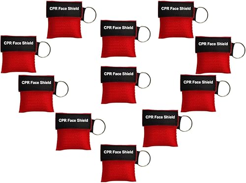 50 piezas de protector facial de RCP rojo con kit de llavero, válvula unidireccional, barrera respiratoria RCP para primeros auxilios o