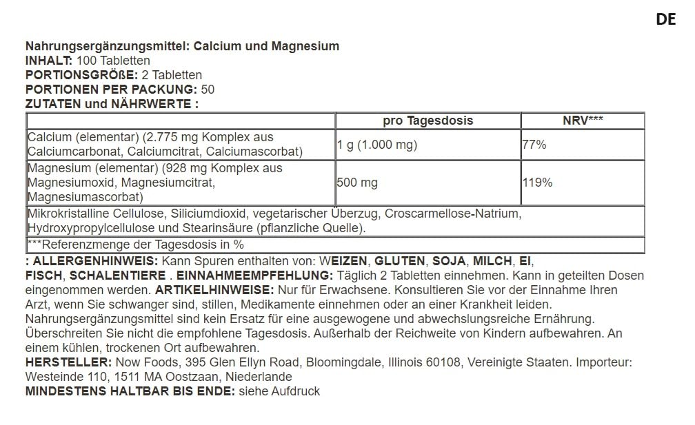 Now Foods - Calcium & Magnesium | Soutien naturel pour la santé osseuse et la détente musculaire - 100 comprimés