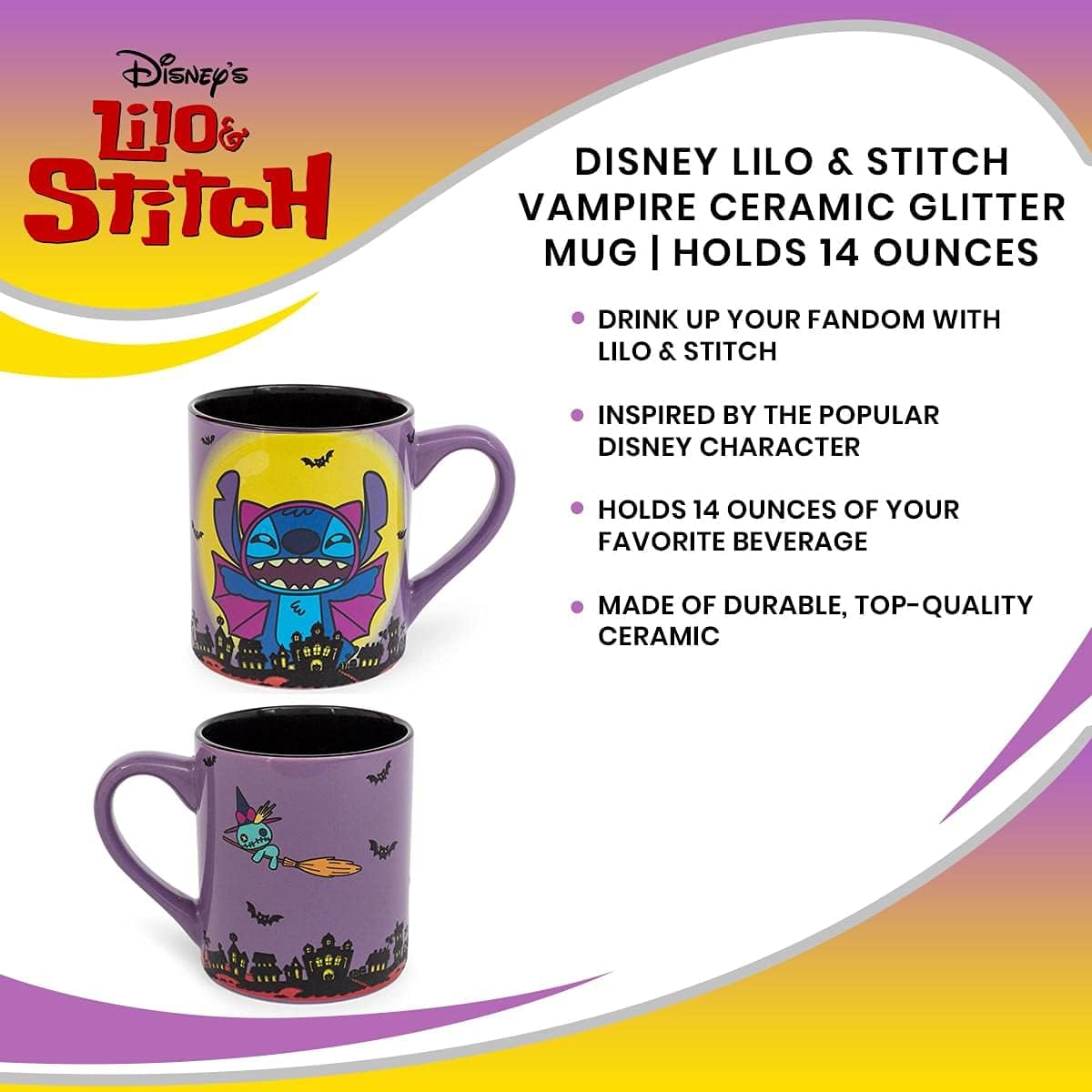 Lilo & Stitch Vampire Ceramic Glitter Mug | Official Disney Kitchen Accessories | Oversized Coffee Cup For Home Kitchen Bar Set | Halloween Gifts | Holds 14 Ounces - Image 8