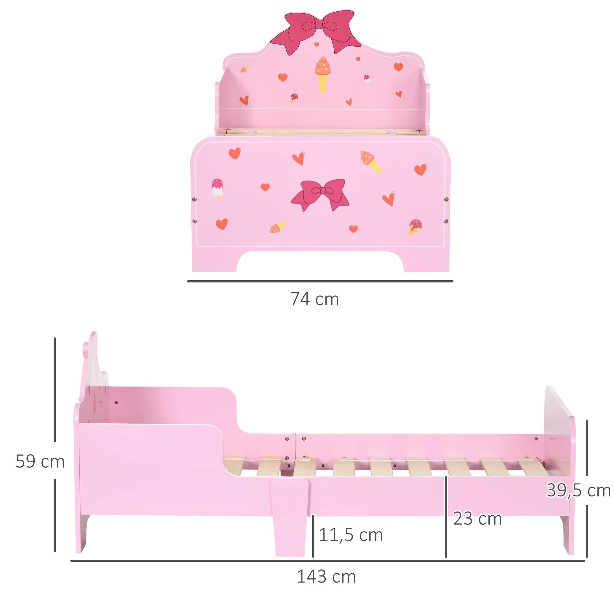 ZONEKIZ Cama Infantil de Madera 143x74x59 cm Cama para Niños de 3-6 Años con Barreras de Protección Carga Máx. 80 kg Mueble de Dormitorio Moderno Rosa
