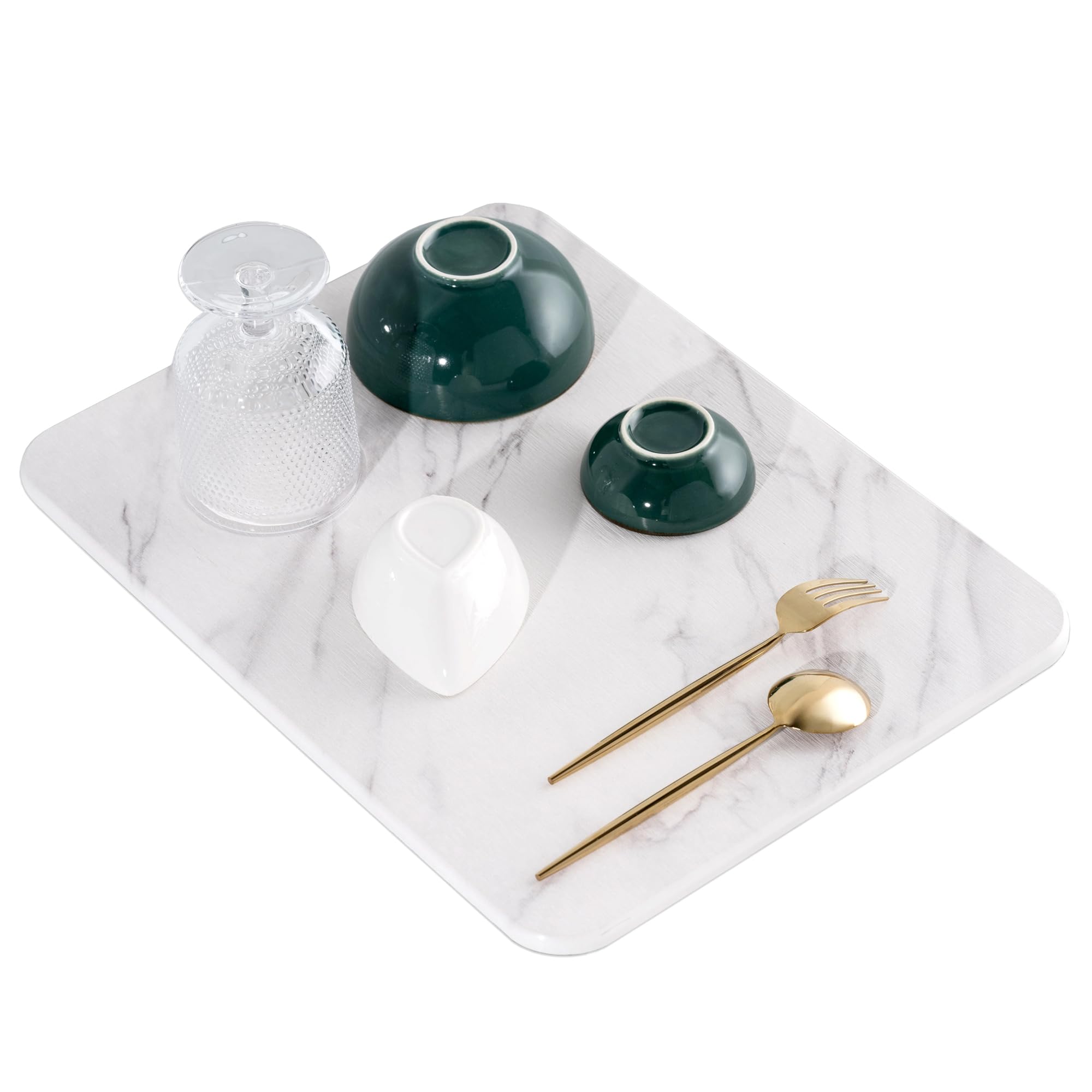 Sponsored Ad - Stone Drying Mat for Kitchen Counter – Diatomaceous Earth Dish Drying Stone (White Marble) – Modern Countertop Drying Rack – Water Absorbent, Heat Resistant, Non-Slip Kitchen Mat with Towel (16"x12")