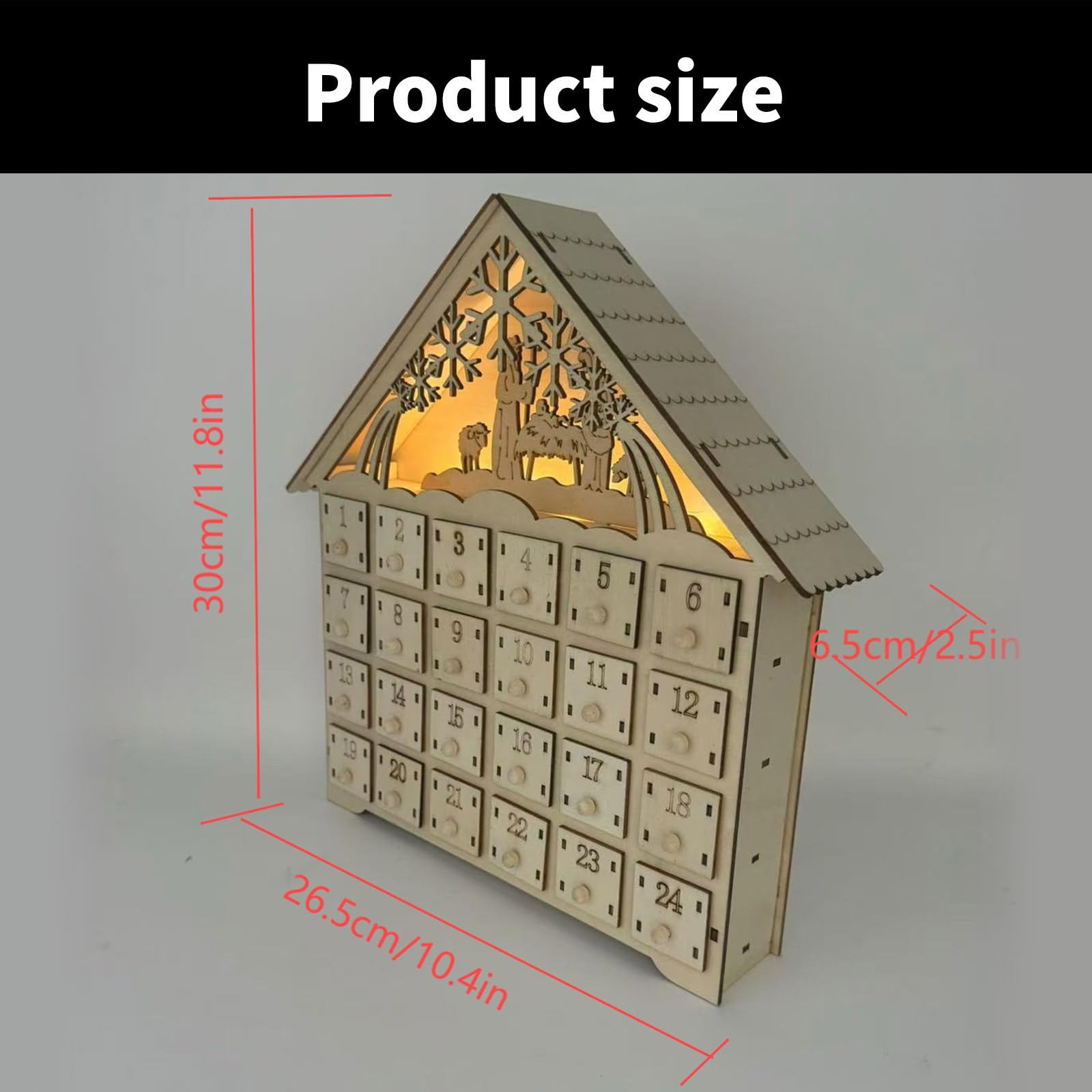 LED beleuchteter Holz Adventskalender Weihnachtsgeister 24 Tage Countdowns Kalender mit LED-Lichtern und Aufbewahrungsschubladen
