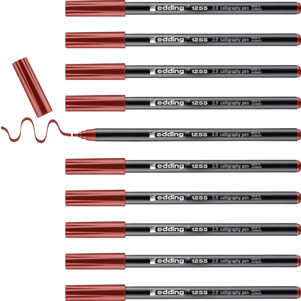 edding 1255 calligraphy pen - crimson lake - box of 10 - calligraphy nib 2 mm - fibre pen for paper, wood, terracotta, canvas - hand lettering, bullet journals, thank you cards, calligraphy books
